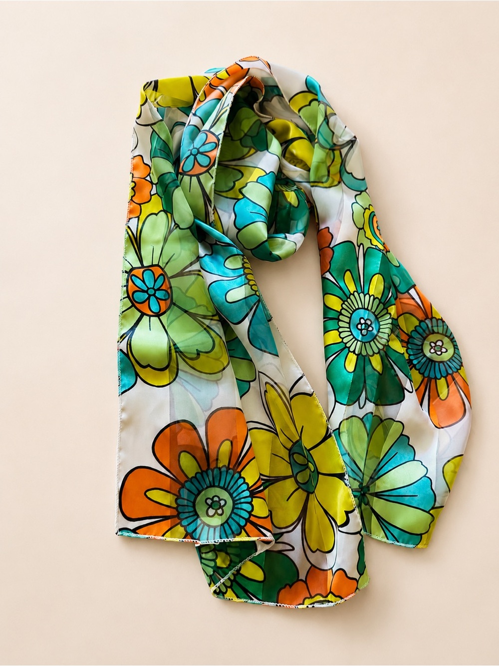 Vibrant Floral Silk Scarf in Green, Teal & Orange